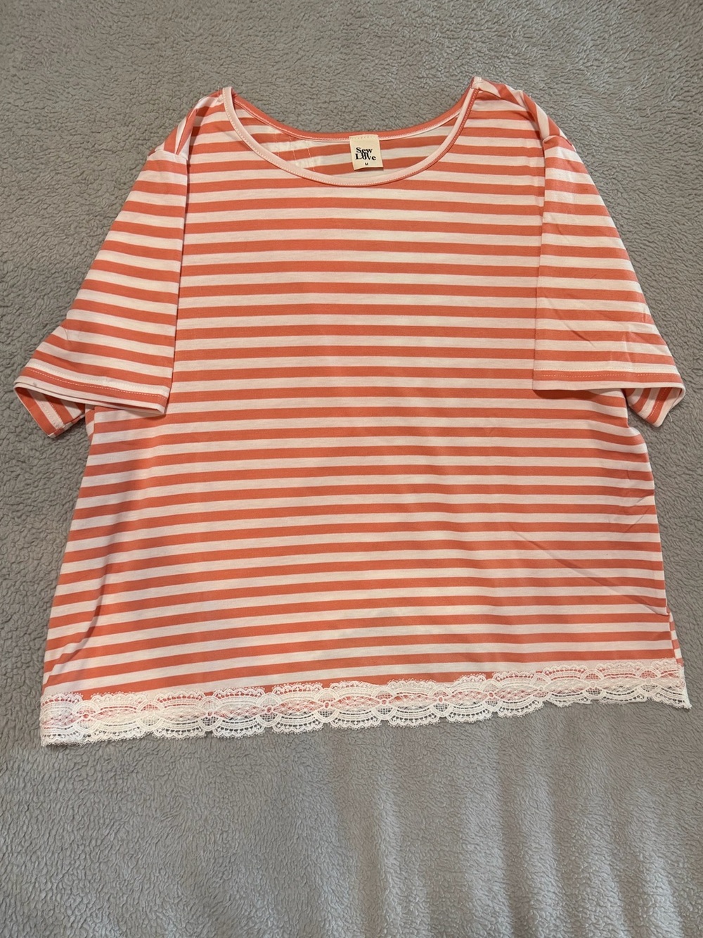 Sew In Love CORAL and White Striped Lace-Trim Top